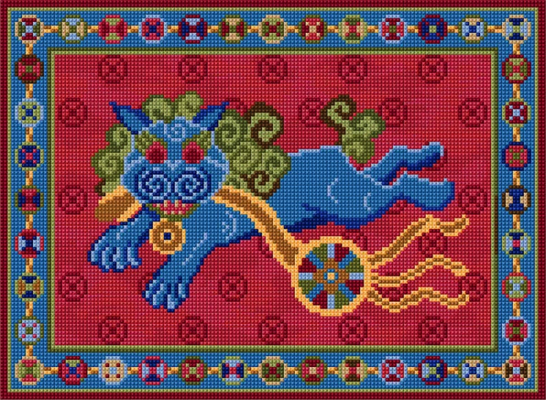 Chinese Lion tapestry kit to stitch in easy counted cross-stitch.