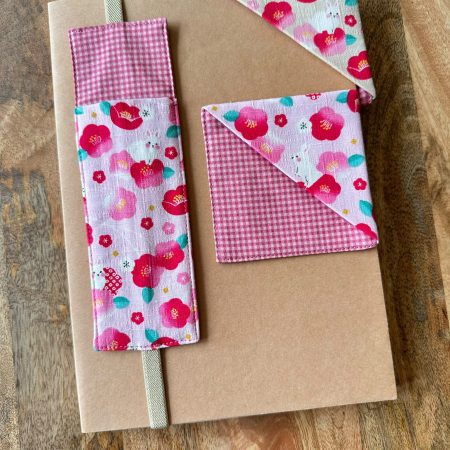 Fabric Pen Holder and Corner Bookmarks, Japanese Rabbit Print, Origami Page Marker, Books Lover Gift