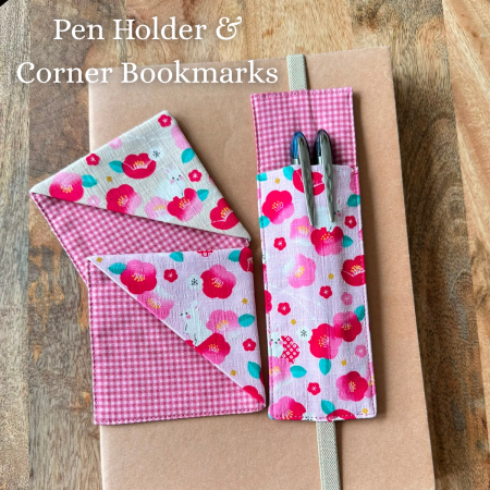 Fabric Pen Holder and Corner Bookmarks, Japanese Rabbit Print, Origami Page Marker, Books Lover Gift