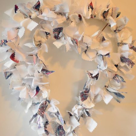 Roxana Heart Shaped Wreath. Upcycled Fabric Rag Garland