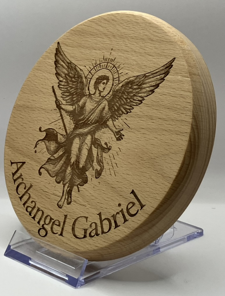 Archangel Gabriel Engraved on Round Beech for Hanging Display