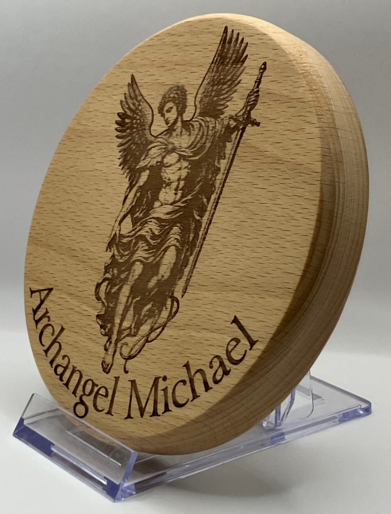 Archangel Michael (new image) Engraved on Round Beech Wall Hanging