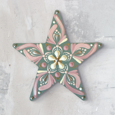 Hand Painted Mandala Star Keepsake | Green & Pink