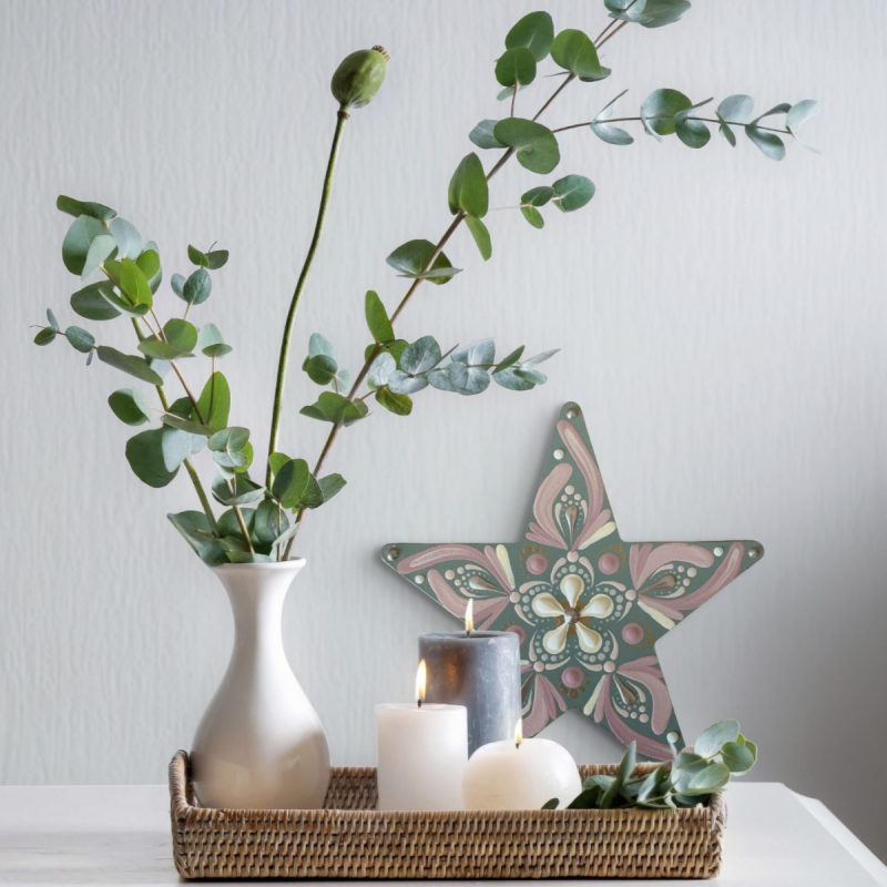 Hand Painted Mandala Star Keepsake | Green & Pink