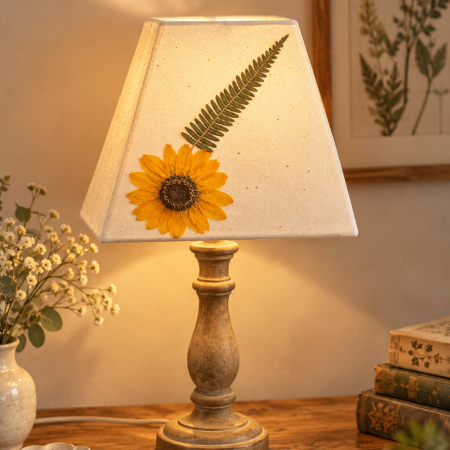 Handmade Pressed Sunflower Fern Lampshade, Cream Fabric, Gold Foil Details