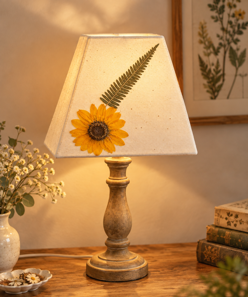 Handmade Pressed Sunflower Fern Lampshade, Cream Fabric, Gold Foil Details