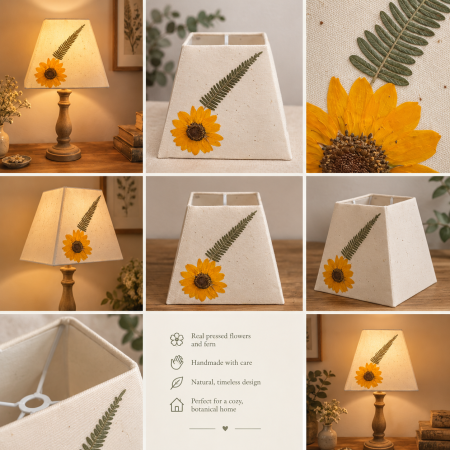 Handmade Pressed Sunflower Fern Lampshade, Cream Fabric, Gold Foil Details
