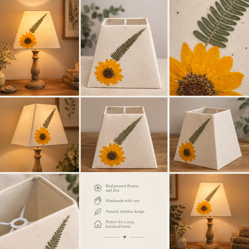 Handmade Pressed Sunflower Fern Lampshade, Cream Fabric, Gold Foil Details