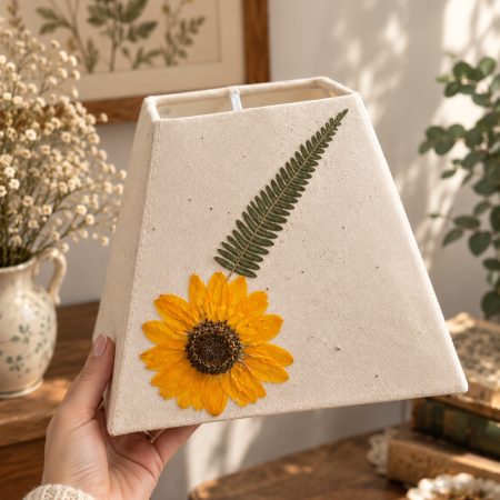 Handmade Pressed Sunflower Fern Lampshade, Cream Fabric, Gold Foil Details