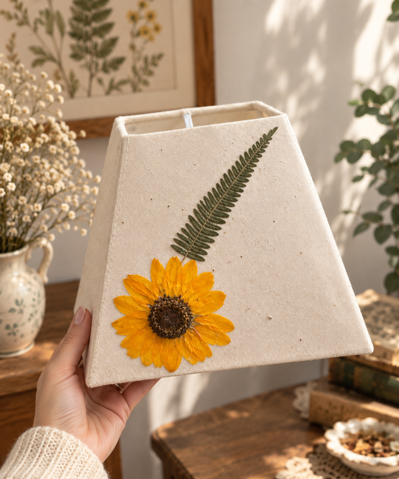 Handmade Pressed Sunflower Fern Lampshade, Cream Fabric, Gold Foil Details