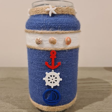 Handmade Nautical Themed Upcycled Glass Jar Blue & White Yarn