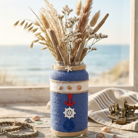Handmade Nautical Themed Upcycled Glass Jar Blue & White Yarn