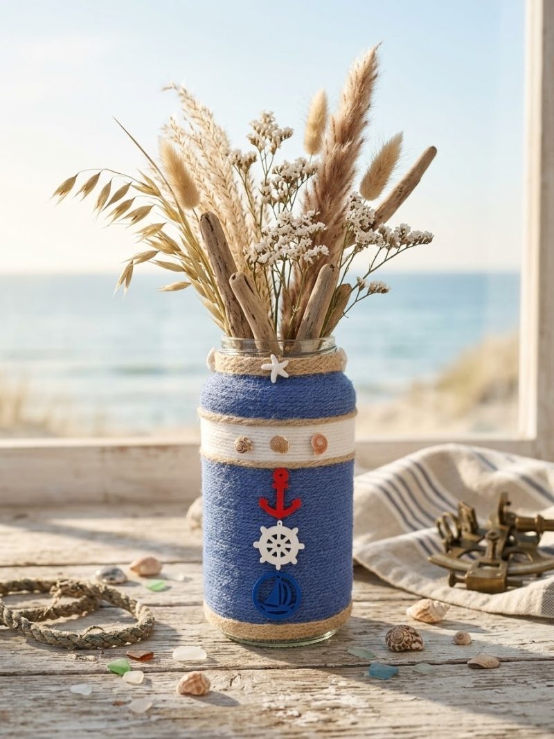 Handmade Nautical Themed Upcycled Glass Jar Blue & White Yarn
