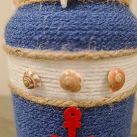 Handmade Nautical Themed Upcycled Glass Jar Blue & White Yarn