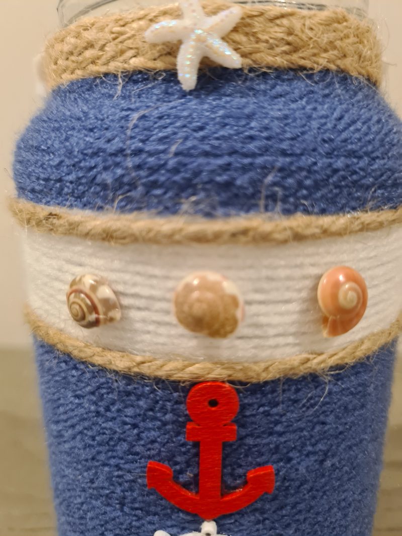 Handmade Nautical Themed Upcycled Glass Jar Blue & White Yarn