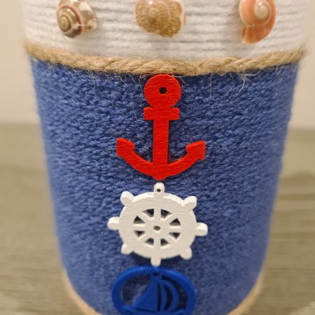 Handmade Nautical Themed Upcycled Glass Jar Blue & White Yarn