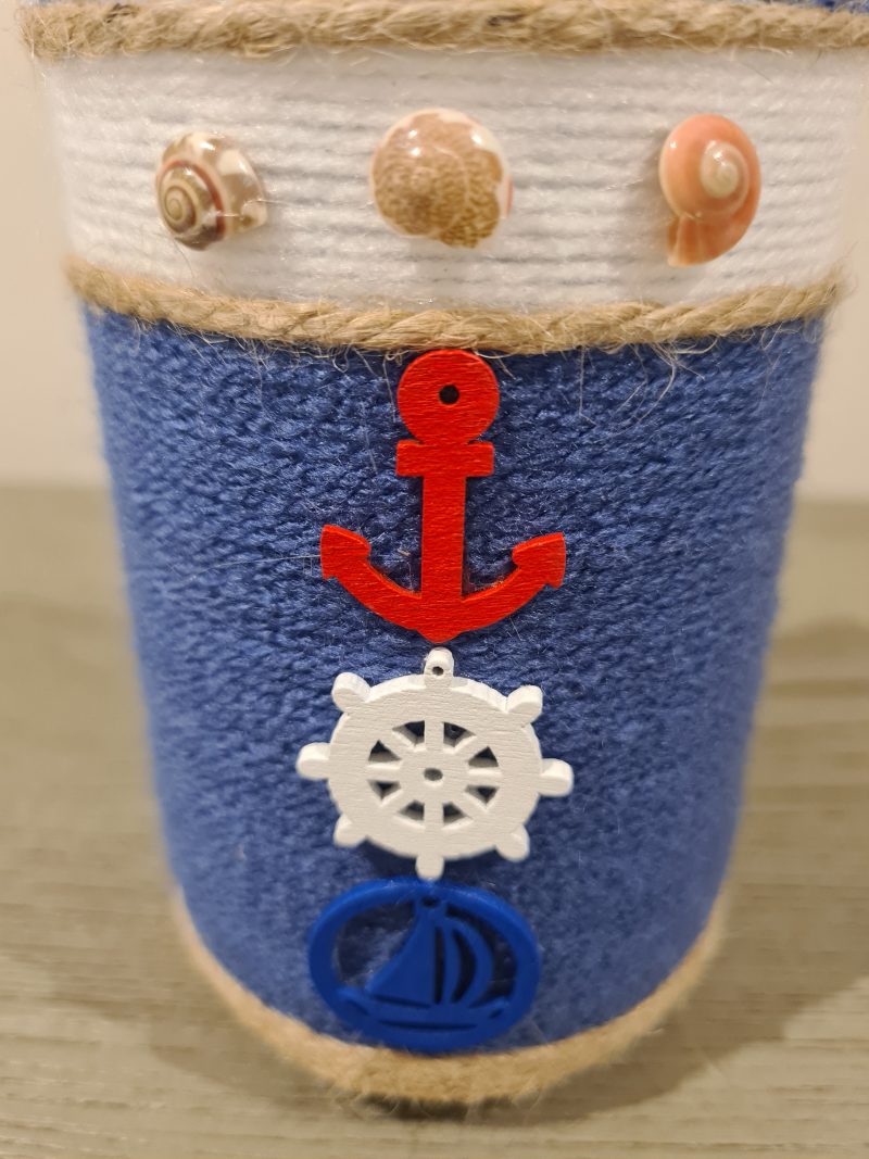 Handmade Nautical Themed Upcycled Glass Jar Blue & White Yarn