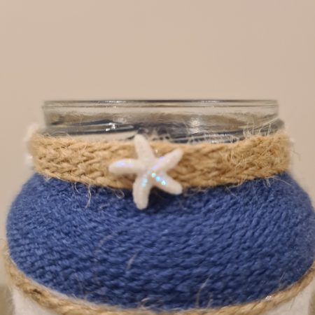 Handmade Nautical Themed Upcycled Glass Jar Blue & White Yarn