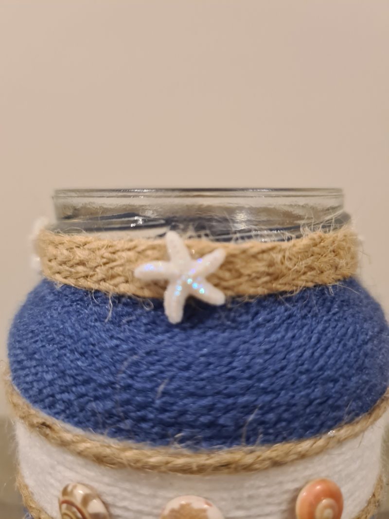 Handmade Nautical Themed Upcycled Glass Jar Blue & White Yarn
