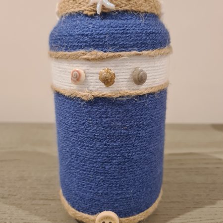 Handmade Nautical Themed Upcycled Glass Jar Blue & White Yarn