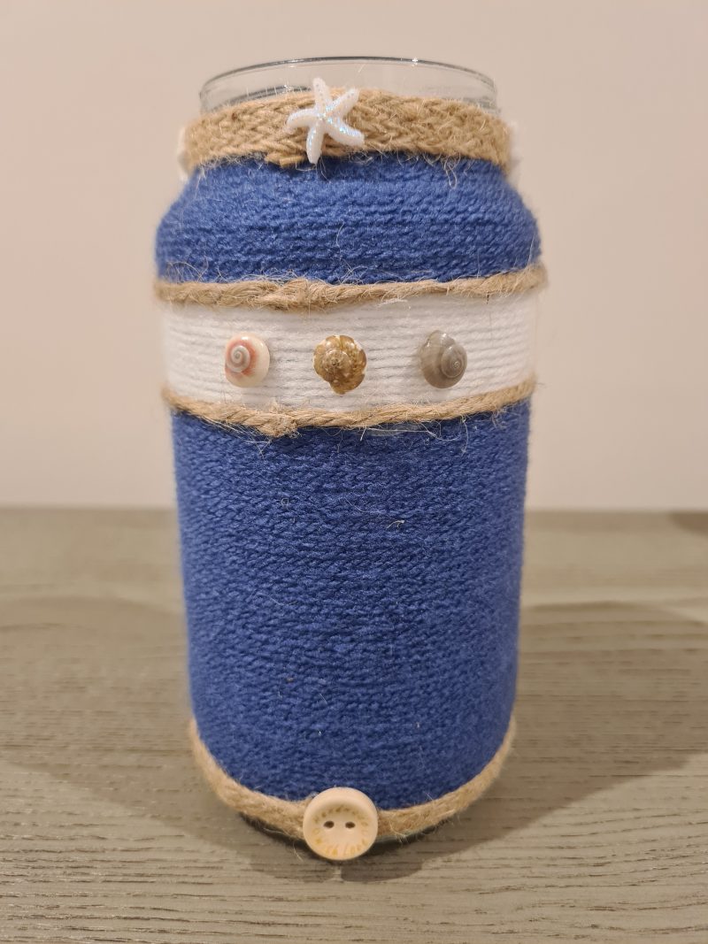 Handmade Nautical Themed Upcycled Glass Jar Blue & White Yarn