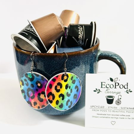 Rainbow Leopard Print Earrings, Handmade Recycled Coffee Pod Jewellery