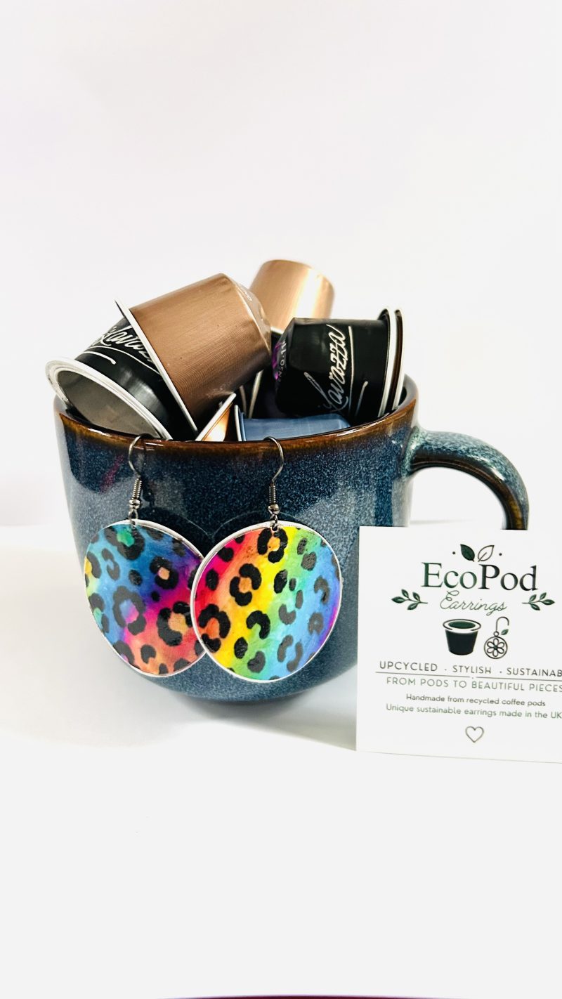 Rainbow Leopard Print Earrings, Handmade Recycled Coffee Pod Jewellery