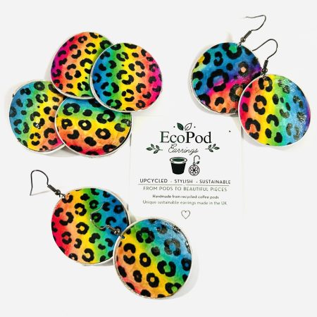 Rainbow Leopard Print Earrings, Handmade Recycled Coffee Pod Jewellery