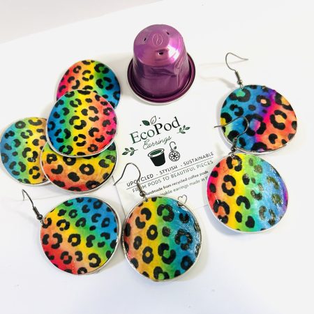 Rainbow Leopard Print Earrings, Handmade Recycled Coffee Pod Jewellery