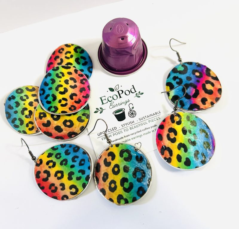 Rainbow Leopard Print Earrings, Handmade Recycled Coffee Pod Jewellery