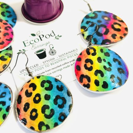 Rainbow Leopard Print Earrings, Handmade Recycled Coffee Pod Jewellery