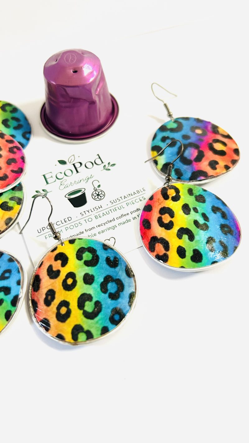 Rainbow Leopard Print Earrings, Handmade Recycled Coffee Pod Jewellery