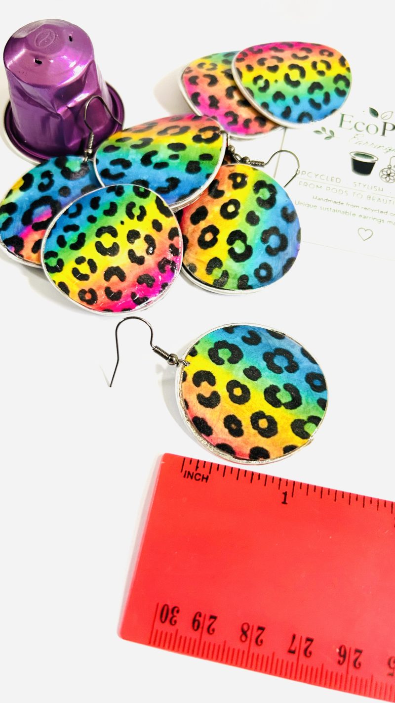 Rainbow Leopard Print Earrings, Handmade Recycled Coffee Pod Jewellery