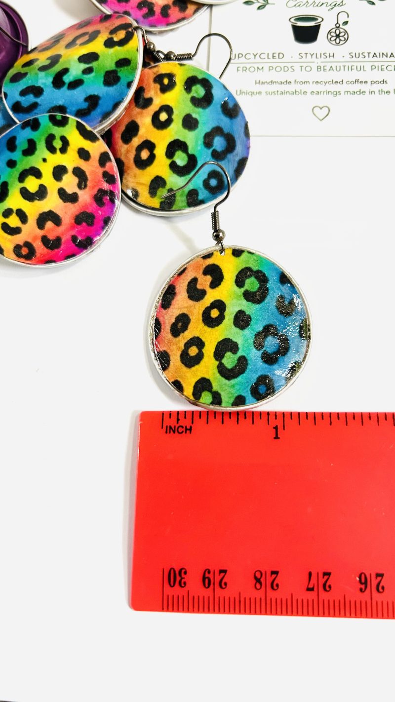 Rainbow Leopard Print Earrings, Handmade Recycled Coffee Pod Jewellery