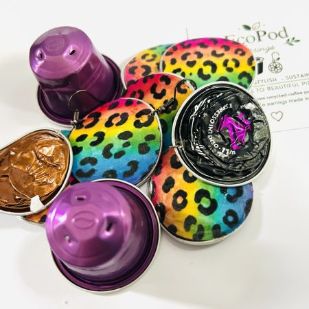 Rainbow Leopard Print Earrings, Handmade Recycled Coffee Pod Jewellery