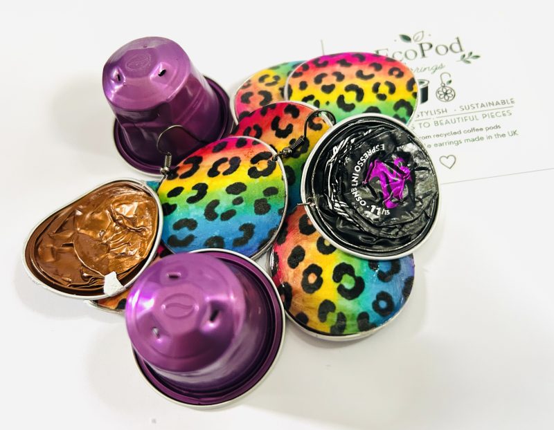 Rainbow Leopard Print Earrings, Handmade Recycled Coffee Pod Jewellery
