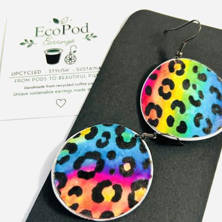 Rainbow Leopard Print Earrings, Handmade Recycled Coffee Pod Jewellery