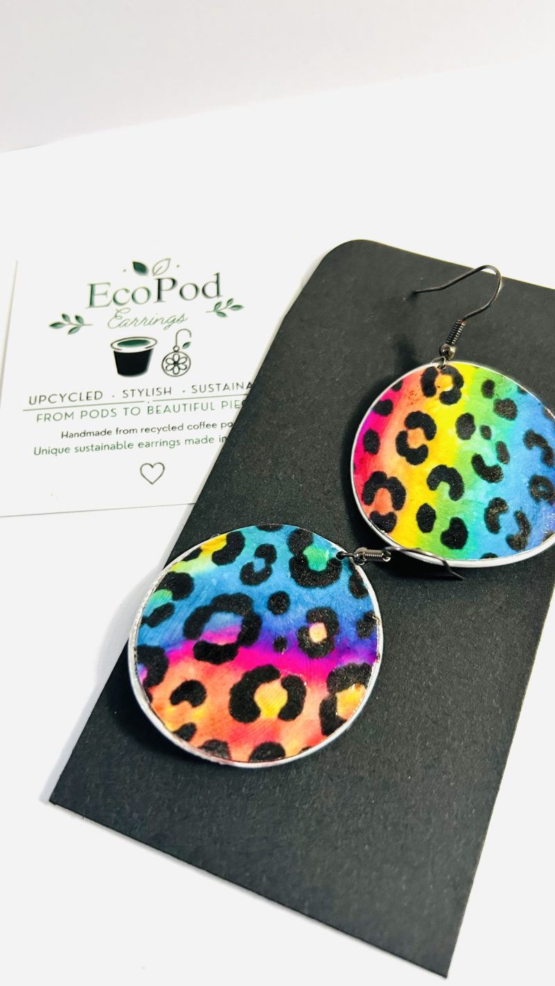 Rainbow Leopard Print Earrings, Handmade Recycled Coffee Pod Jewellery