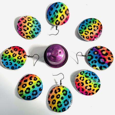 Rainbow Leopard Print Earrings, Handmade Recycled Coffee Pod Jewellery