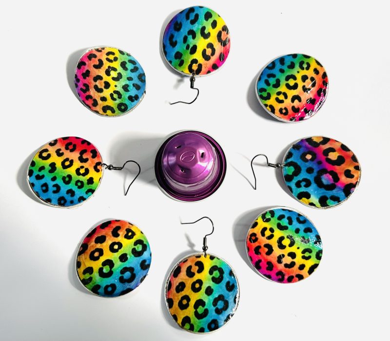 Rainbow Leopard Print Earrings, Handmade Recycled Coffee Pod Jewellery