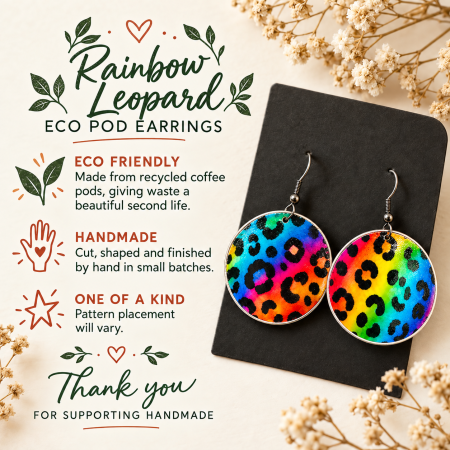 Rainbow Leopard Print Earrings, Handmade Recycled Coffee Pod Jewellery