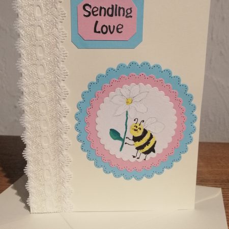 "Sending Love" handmade yellow card with a bee theme and side ribbon