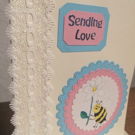 "Sending Love" handmade yellow card with a bee theme and side ribbon