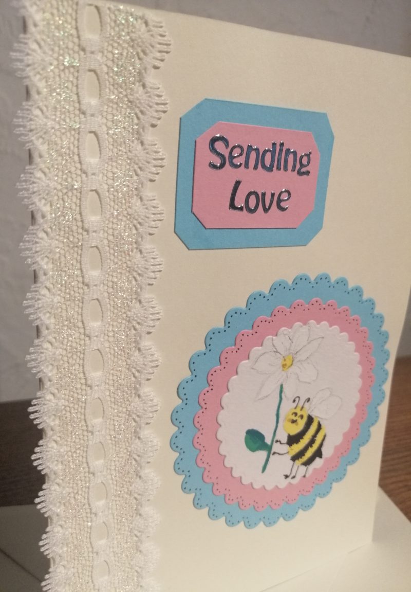 "Sending Love" handmade yellow card with a bee theme and side ribbon