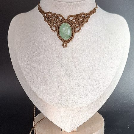 Rich Brown Macrame Choker Necklace with Aventurine Cabochon