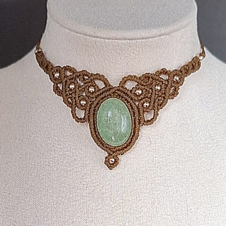 Rich Brown Macrame Choker Necklace with Aventurine Cabochon