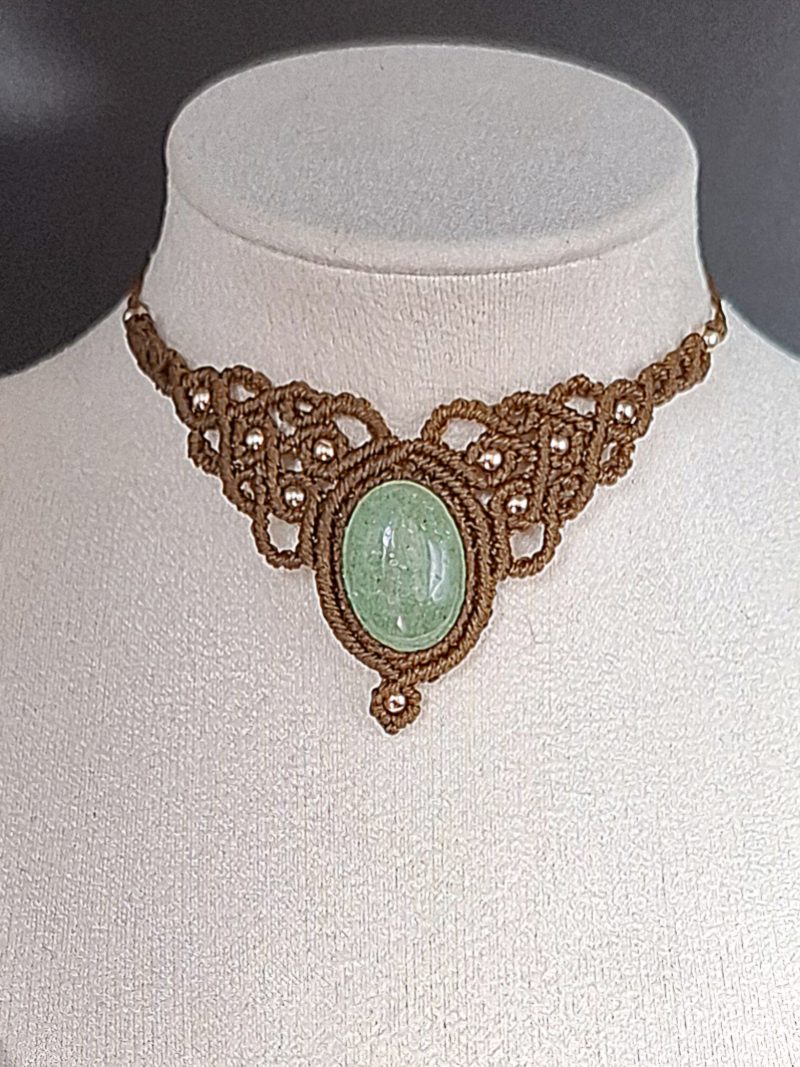 Rich Brown Macrame Choker Necklace with Aventurine Cabochon
