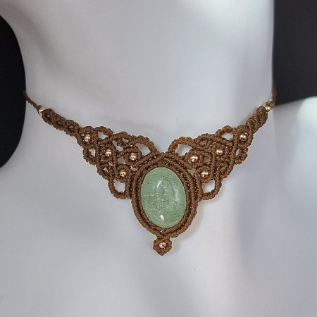 Rich Brown Macrame Choker Necklace with Aventurine Cabochon