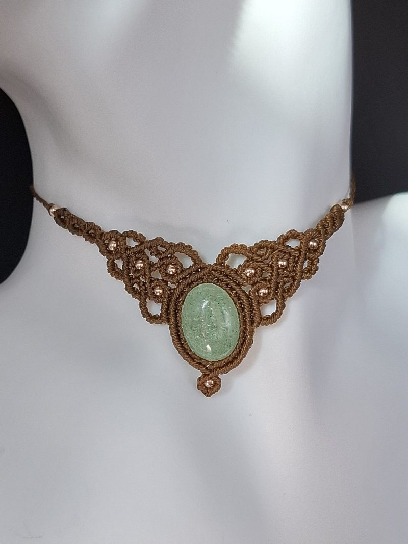 Rich Brown Macrame Choker Necklace with Aventurine Cabochon