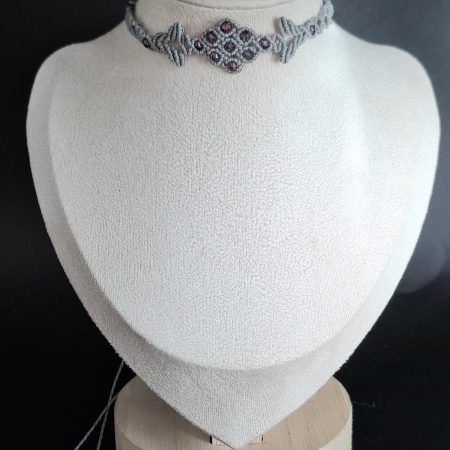 Silver Grey Macrame Choker Necklace with glass Crystals